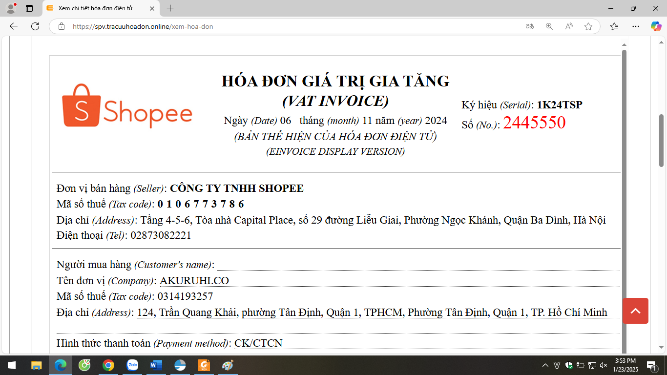 Tra cứu hóa đơn điện tử của SHOPEE không cần Email